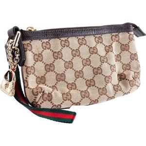 Gucci Clutch Bag GG Charm Accessory Sherry Line Brown Canvas Leather